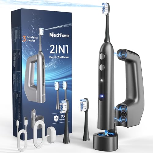 Marchpower Sonic Electric Toothbrush with Irrigator and 46° Vibration Oscillation, IPX7 Waterproof Portable Dental Irrigator with 2 Heads Accepted, Magnetic Water Tank 155 ml