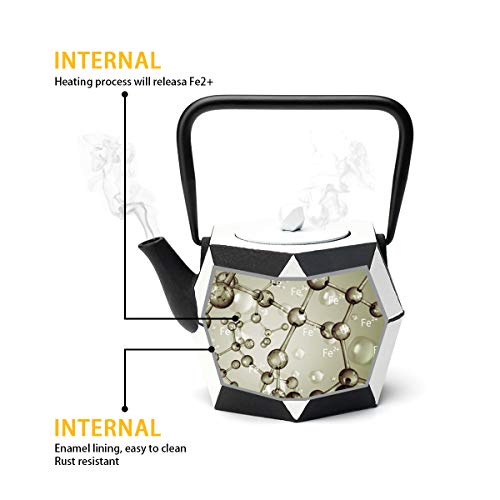 Tea Kettle, TOPTIER Japanese Cast Iron Teapot with Stainless Steel Infuser, Cast Iron Tea Kettle Stovetop Safe, Diamond Design Teapot Coated with Enameled Interior for 30 oz (900 ml), Black and White - Thumbnail 5