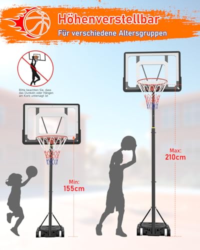 Basketball Hoop Outdoor Children's Basketball Stand: 150-210 cm Height Adjustable Basketball Stand with 80 x 60 cm Shatterproof Back Panel, Enlarged Base and Wheels for Children/Teenagers