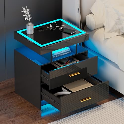 Gurexl Bedside Table with Charging Function, Nightstand with Glass Top and LED Lights, Modern Bedroom Furniture with Two Drawers and Wireless Charging for Bedroom, Living Room, Office, Black