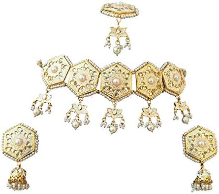 Retailbees Meena Kundan Indian Bridal Wedding Designer Gold Plated Pearls Choker Necklace Jewelry Set