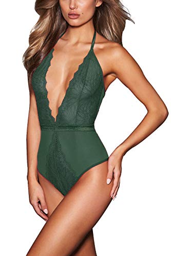 Donnalla Women One Piece Teddy Lingerie Deep V-Neck Halter Lace Bodysuit (Dark Green, Size S)
