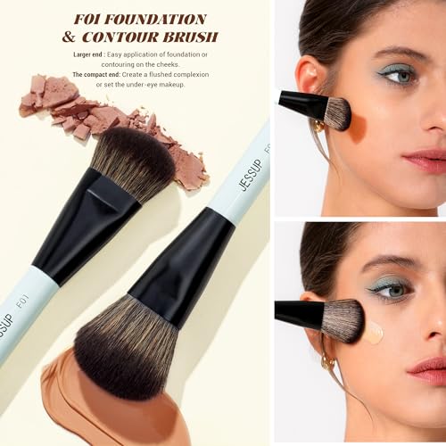 Jessup Makeup Brushes 5pcs, 3pcs Double Sided Face Makeup Brush Set, 2pcs Makeup Sponges, Premium Vegan Foundation Contour Blush Highlight Concealer Brush Gift Packaging T510