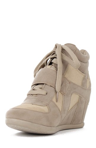 Top Moda Sammy-6 Suede Bi-Material Lace Up Velcro Sneaker Wedge