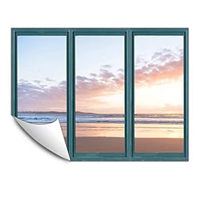 Wall Murals for Bedroom Fake Window Beach Blue Window Removable Wallpaper Peel and Stick Wall Stickers - 24x32 inches
