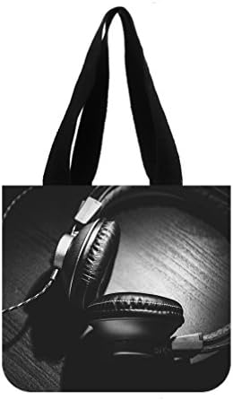 JIUDUIDODO Cotton Canvas Black Headphone Black Real Wood Tote Bag Casual Bags Shopping Bags Shoulder Bags (2 Sides)