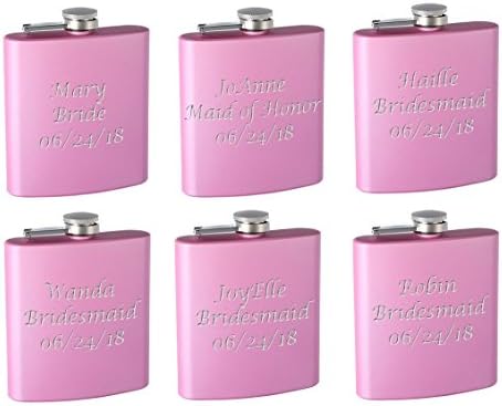 Top Shelf Flasks 6oz - Custom - Bridesmaid - 6 Pack Hip Flask - Custom Engraving - Screw-On Leak Proof Cap - Bachelorette Party Favors - Groomsmen Gifts - 6-PACK in Pink
