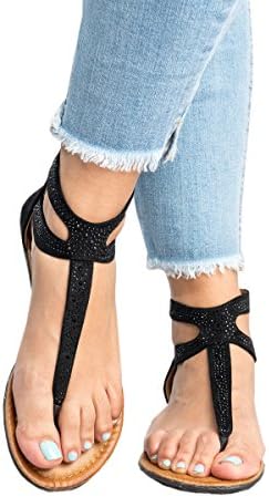 Womens Flat Sandals Ankle Strap Buckle Flip Flop Bohemian Diamond Gladiator Thong Summer Shoes