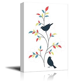 Canvas Birds Series - Couple Birds with Colorful Leaves - Giclee Print Gallery Wrap Modern Home Art Ready to Hang - 12x18 inches