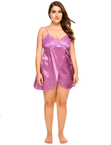 Ekouaer Women's Sexy Plus Size Lingerie Sleepwear Satin Slip Nightdress Lace Nighty