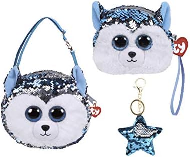 ReBL LLC Bundle of TY Fashionable Gear Color Changing Glitzy Glam Sequins Plush Purse and Matching Wristlet with One Heart Or Star Sequin Keychain (Slush)