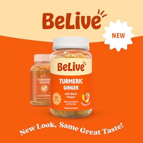 BeLive Turmeric and Ginger Gummies - 500mg - Joint and Mobility Support Supplement - Curcumin with Black Pepper for Enhanced Absorption - Gluten Free and Vegan - Tropical Flavor - 60 Count