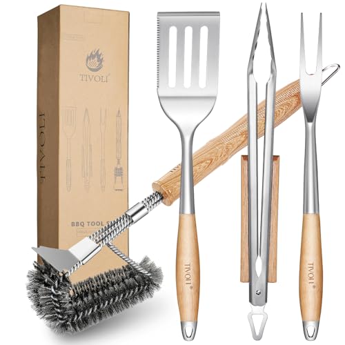 TIVOLI BBQ Utensils Set of 4 Premium Stainless Steel Barbecue Utensils with Safe Wooden Handles - Gifts of