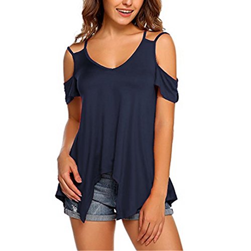 NREALY Women Pure Color Strapless Plus Size Short Sleeve Vest Blouse Top Tunic Shirtï¼ˆDark Blueï¼Œ XXXX-Largeï¼‰