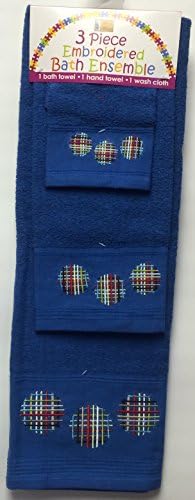 Blue Towel with Circle Design - 3 Piece Embroidered Bathroom Towel Set - Bath Towel, Hand Towel, Wash Cloth