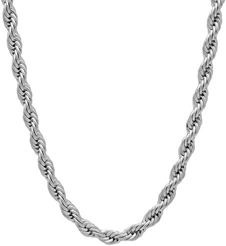 4mm Rhodium Plated Rope Chain Necklace, 40" + Microfiber Jewelry Polishing Cloth