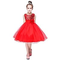 YMING Girls Flower Belt Dress Princess Formal Dress Tutu Tulle Party Dress Red 6-7 Years