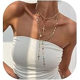 Crystal Bead Necklace for Women Cross Pendant Clavicle Necklace Summer Long Tassel Chest Chain Jewelry Layered Rhinestone Neck Chain