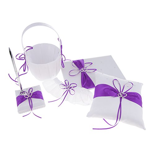 SunniMix Pieces of 5 Wedding Set Guest Book and Pen Stand Flower Girl Basket Ring Cushion Ring Holder Ring Bearer Garter Keepsake Memorial - Purple, as described