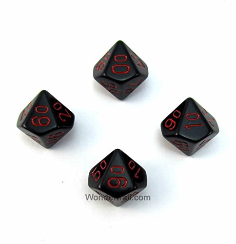 WCXPQ1118E4 Black Opaque Dice with Red Numbers 10s D10 Aprox 16mm (5/8in) Pack of 4 Dice Chessex