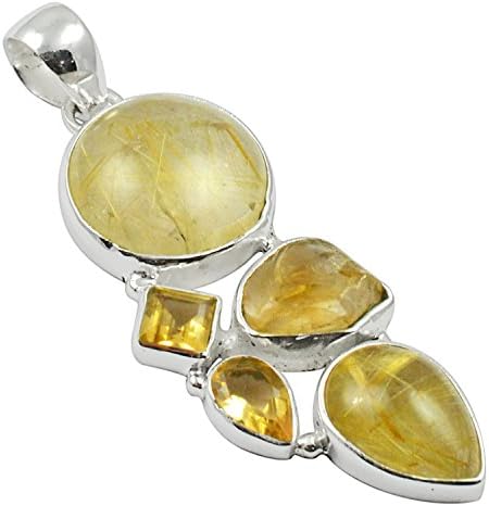 SILVERART Natural Cabochon Golden Rutile Moldavite 925 Sterling Silver Pendants