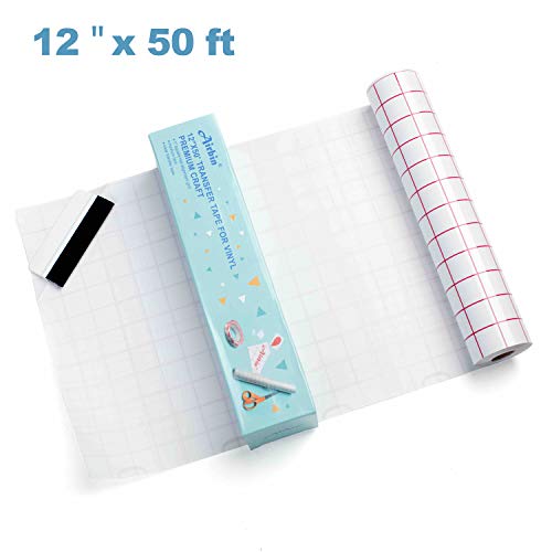Airbin Vinyl Transfer Paper Tape Roll, Medium Tack 12 Inch x 50 Feet/Clear with 1" Square Red Alignment Grid and Free Gift-Squeegee/Perfect for Silhouette Cameo, Cricut Adhesive Vinyl for Decals