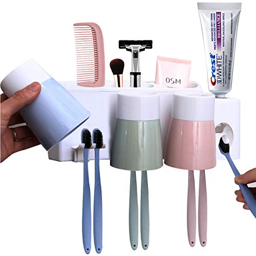 MEIJUBOL Toothbrush Holder Wall Mounted Storage Set Electric Toothbrush Organizer with Automatic Toothpaste Squeezer 3 Cups and 6 Slots for Family Kid Bathroom Shower - Thumbnail 7