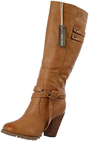 Onlineshoe Women's Ladies Tall Knee High Biker Boots with Straps and Heel