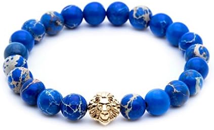 Stretch Stainless Steel Lion Head with Blue Sea Sediment Jasper Bead Bracelet Gold