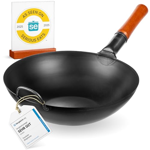 YOSUKATA Professional Wok Frying Pan 34 cm – Traditional Carbon Steel Wok, Original Chinese Preconditioned Flat Bottom – Suitable for Gas, Induction, Electric and Open Fire (Black)