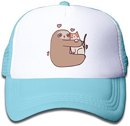 Kids Sloth Loves Cat Trucker Mesh Baseball Cap Hat Trucker Hats SkyBlue