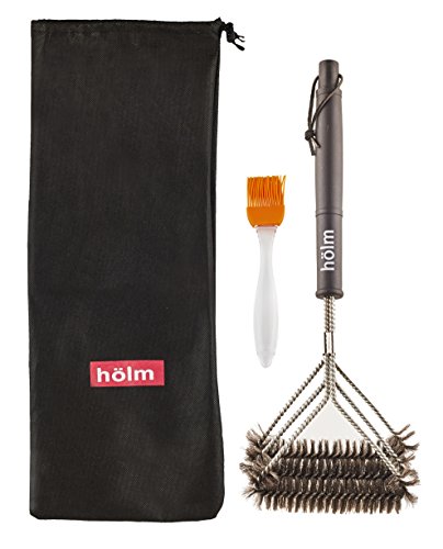 Holm Triple Bristled Stainless Steel Wire Grill Brush with 18-Inch Handle and Basting Brush, Black