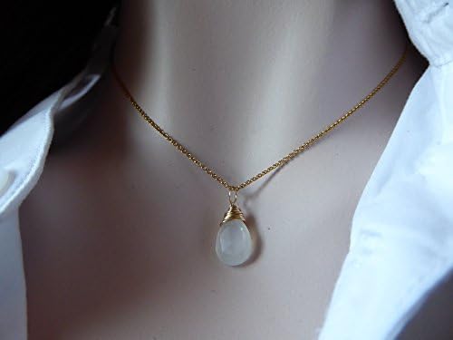 Moonstone &amp; Gold Necklace Pendant Beautiful Simple Minimalist Wire Wrapped Necklace On 14k Gold Filled Fine Cable Chain