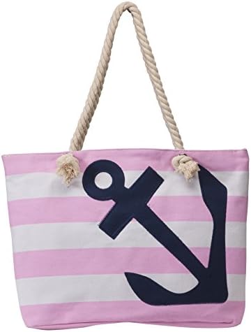 Anchors Away Large Canvas Stripe Zip Closure Shoulder Beach Bag Rope Handles (Pink/White)