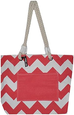 High Fashion Print Beach Tote Bag with Outside Pocket and Rope Handles *Can Be Personalized (Embroidered, Red Wide Chevron)