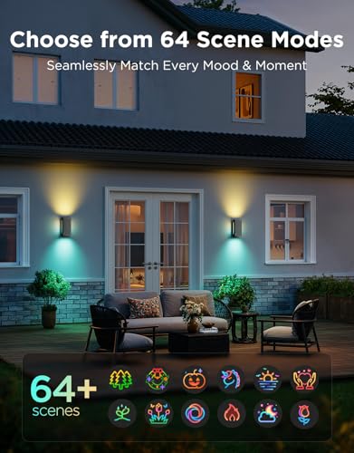 Govee UpDown 2 Pack 1400LM RGBICWW Outdoor Porch Wall Lights Smart Outdoor Porch Light with 64 Lighting Modes, IP66 Waterproof