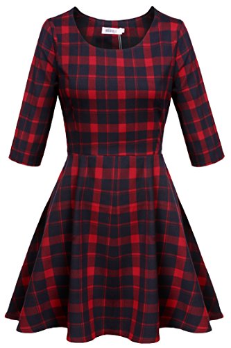 1/2 Sleeves Fit and Flare Plaid Casual Summer Dress เดรส แฟชั่นชุดทำงาน Meaneor ผู้หญิง