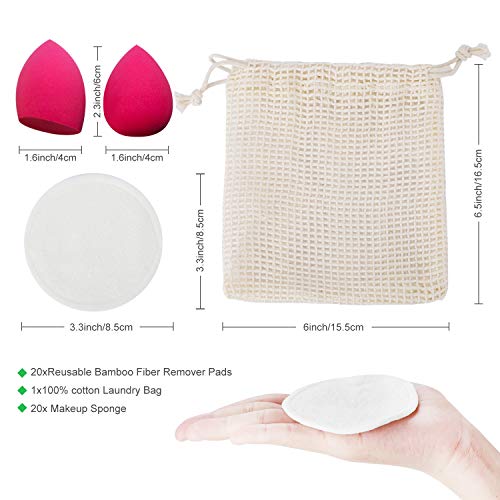 Reusable Makeup Remover Pads 20 Pack, Soft Organic Bamboo Facial Cotton Rounds, Washable Eco-friendly Natural Facial Cleansing Cloths for Eye Makeup Remove, with Laundry Bag and 2 Makeup Sponges
