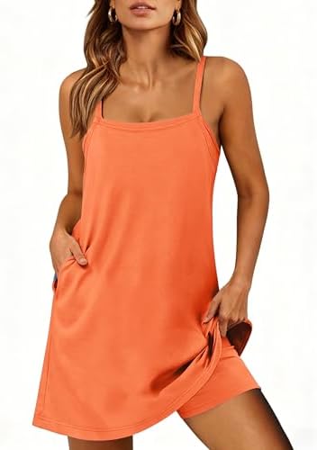 romper dress with pockets and shorts Fonma Women's Romper Dress with Shorts Underneath Striped Cami Athletic Sundress with Pockets Summer Set One Piece Outfits Khaki XL
