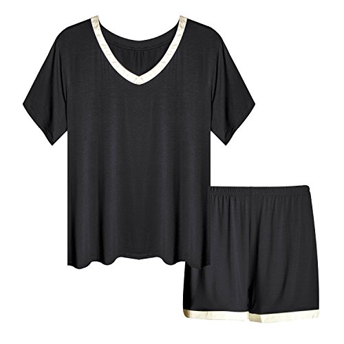 Invug Women Short Sleeve T Shirt and Shorts Pajamas Sleepwear Set Loungewear Black XXL