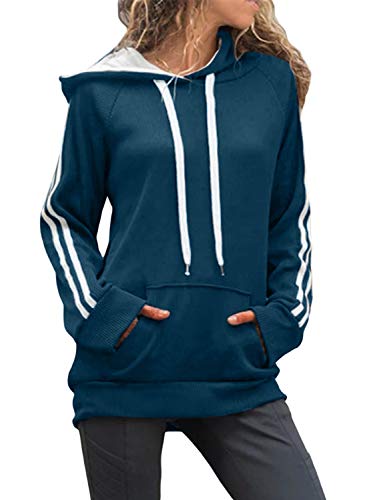 FIYOTE Women Winter Solid Hoodies Top Long Sleeve Pocket Drawstring Sweatshirt with Pocket Medium Size Blue