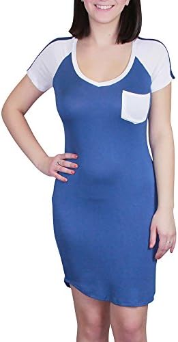 NO COMMENT Juniors Womens Wide V Neck Short Football T Shirt Dress With Contrast Short Sleeves and Pocket, Sea Spray Green/Gardenia White Size S