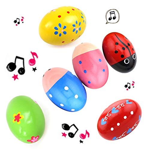 SallyFashion Wooden Percussion Musical Egg Maracas Egg Shakers, 6 PCS, Random Pattern, Halloween Props