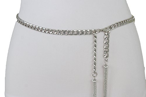TFJ Women Bling Skinny Belt Hip High Waist Silver Metal Chain Fringes Tassel XS S M