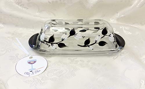 Hand Painted Glass Butter Dish With Black and White Floral Vine Pattern