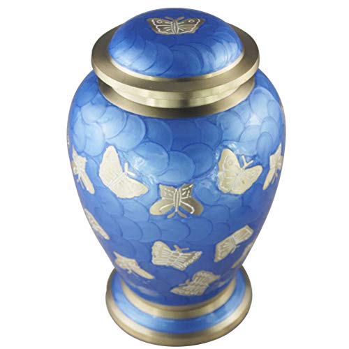 Funeral Cremation Urn for Human Ashes Adult Large and Memorial Urn - Hand Made in Brass & Hand Engraved - Extra Large Cremation Urns for Adults Burial (Golden Butterfly Blue, Funeral Urns for Ashes