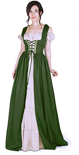 Renaissance Medieval Irish Costume Over Dress & Boho Chemise Set (L/XL, Olive Green)