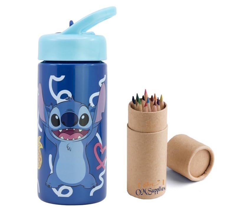 OM SUPPLIES Stitch Characters Reusable Sipper Water Bottle Drink Bottle with built-in handle for Easy Carry School Lunch Kids Childrens 410ml (Stitch)