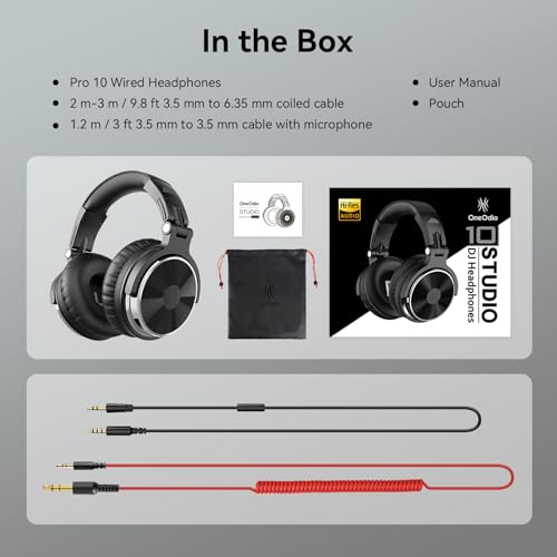 OneOdio Pro-10 Over Ear Wired Headphones for School Studio Monitor & Mixing DJ Stereo Headsets, 50mm Neodymium Drivers, in-Line Mic, 3.5mm/6.35mm Jack for AMP Computer Recording Phone Piano Guitar