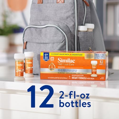 SIMILAC 360 TOTAL CARE SENSITIVE INFANT FORMULA FOR FUSSINESS & GAS DUE TO LACTOSE SENSITIVITY, HAS 5 HMO PREBIOTICS, NON-GMO, BABY FORMULA, READY TO FEED, 2-FL-OZ BOTTLE, PACK OF 12